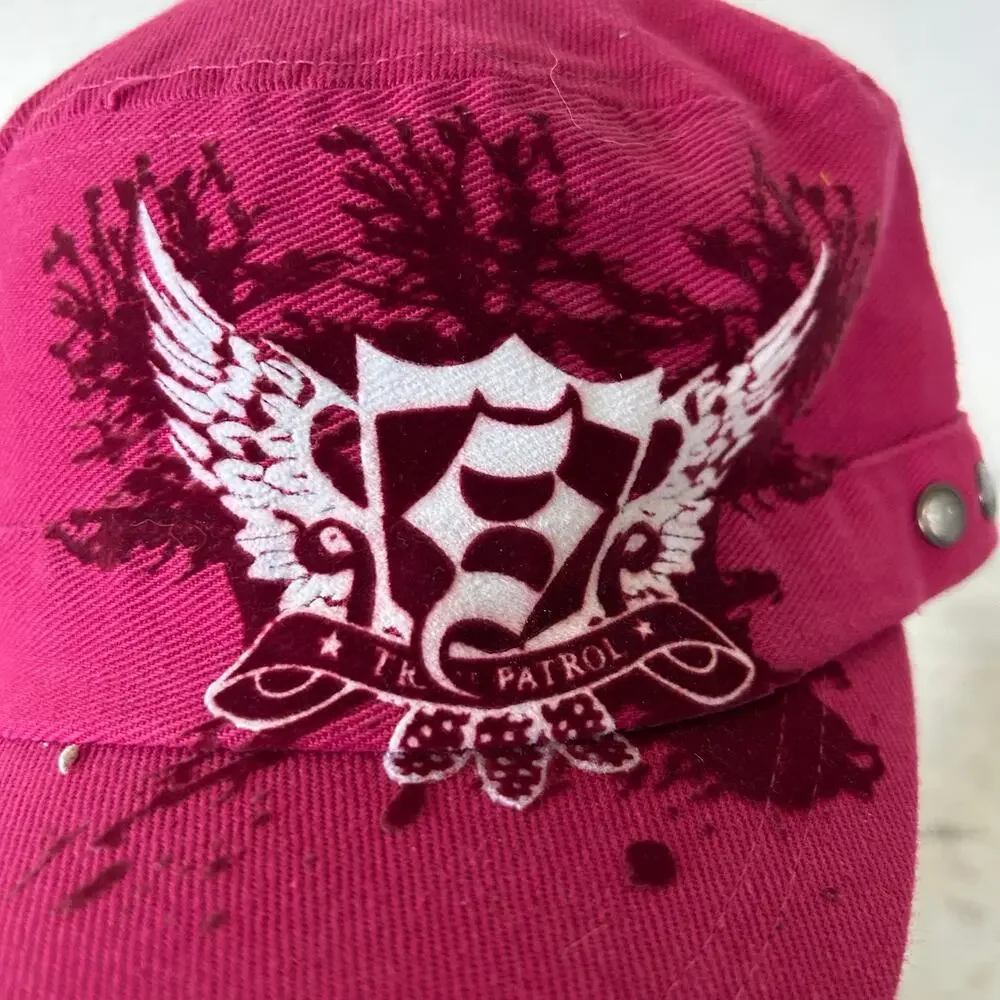 Vintage Y2K Pink Distressed Military Cadet Hat Flocked Graphic Biker Cap grunge - Picture 5 of 11